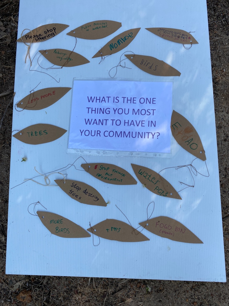 Paper leaves stuck on a page, kids' responses to the question: What is the one thing you most want to have in your community